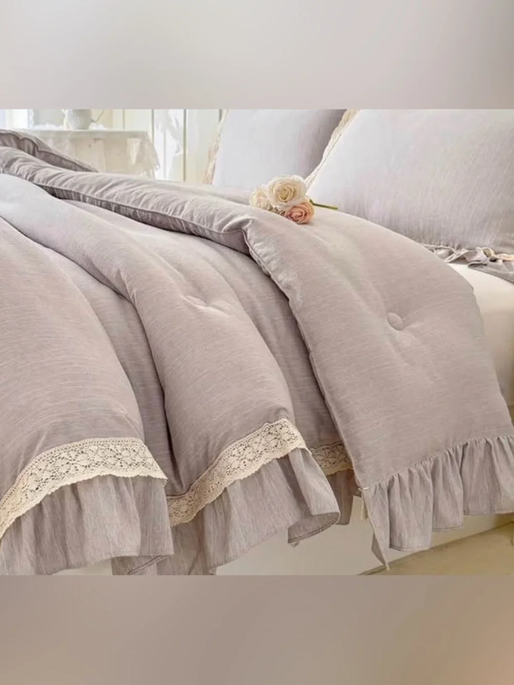 Soft Linen-Look Comforter Set twin with gray and cream lace